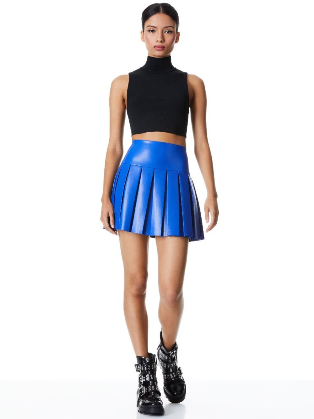 Alice + Olivia Emilie Vegan Leather Box Pleated Mini Skirt Size 6 | Royalty Blue - Picture 3 of 12